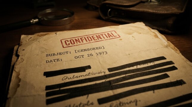 Vintage confidential document on wooden desk with magnifying glass with document censored information leather wallet background