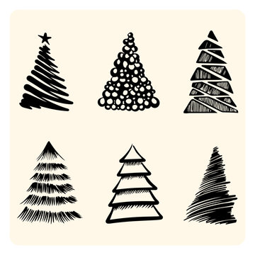 Hand Drawn Christmas Tree Doodles Set Line Art