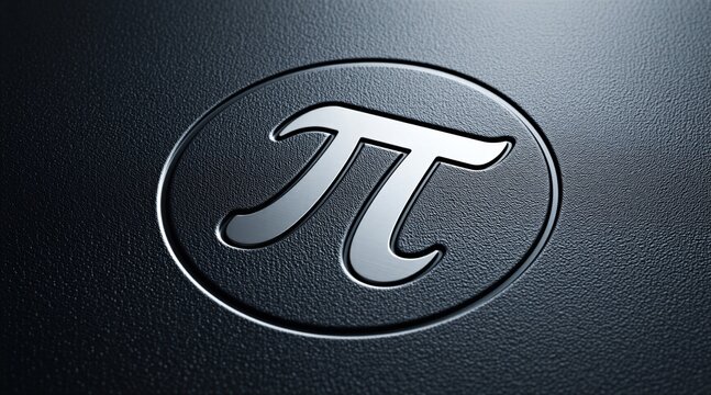 Pi symbol engraved on dark metallic surface with shiny finish. Mathematical constant sign embossed in metal circle. Science geometry icon for education projects tech research. Dark abstract