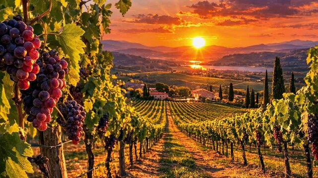 Vibrant sunset over vineyards with grapes in full bloom and scenic mountain view