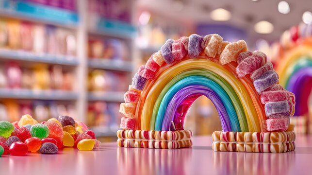 Colorful rainbow arch made from jelly candy with gumdrop border on counter