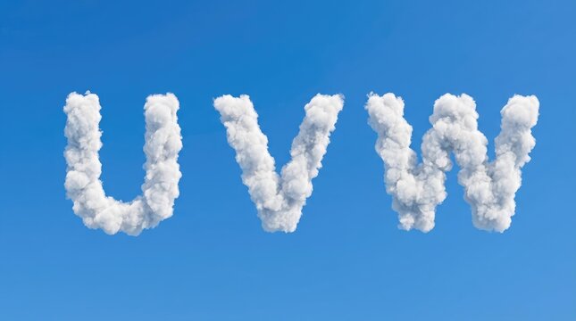 White fluffy cloud letters u v and w shaped against a clear bright blue sky
