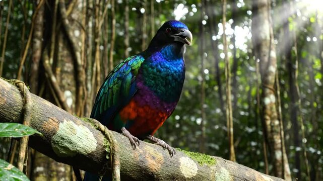 Exquisite colorful bird perched on a branch in a lush green rainforest environment, nature's beauty