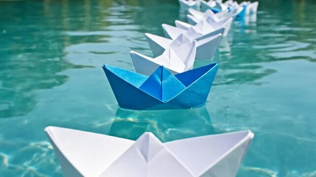 Row of Floating Paper Boats on Calm Blue Water Creating a Serene Scene Outdoors