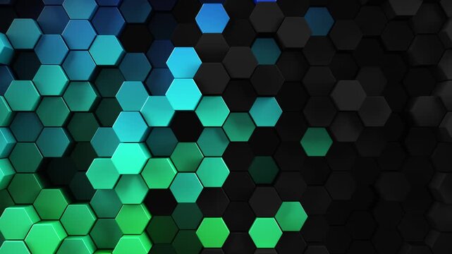3d rendered patterned hex shapes background in black and a rainbow of color. Abstract backgrounds of hexagonal patterns in dark looping colors. Collage of hexagons in a random smooth loop movement.