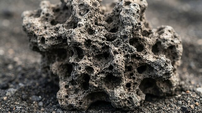 Volcanic rock displays complex porous structures formed by cooling magma on an ash surface.
