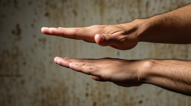 Person shows timeout gesture with flat hands. Man performs signal for stop pause in sports game. Human arms create break sign during business meeting. Concept of instant halt delay rest in work,