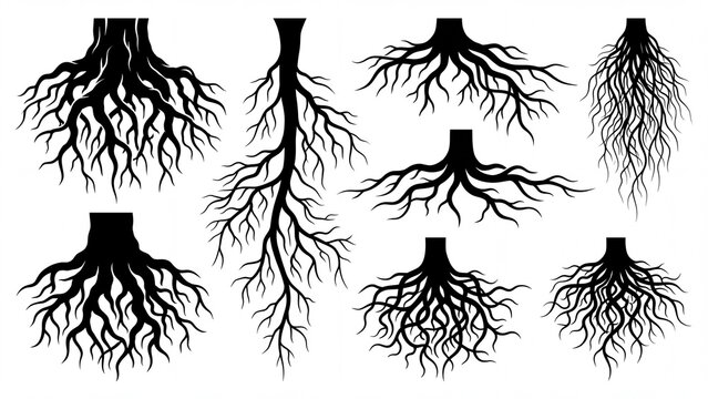 Diverse set of tree root silhouettes black vector illustrations representing natural growth and strong foundations isolated on white