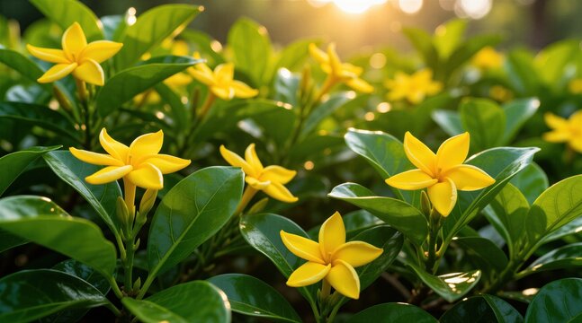 Bright yellow champak flowers bloom in sunny garden. Green glossy leaves surround small star shaped petals during warm spring morning. Golden sunlight shines on exotic tropical plant foliage creating