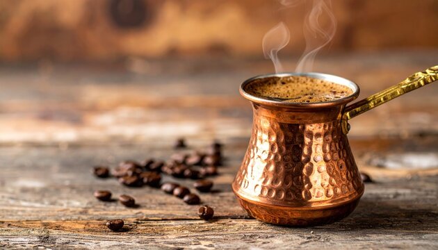 Copper Turkish coffee pot with beans.