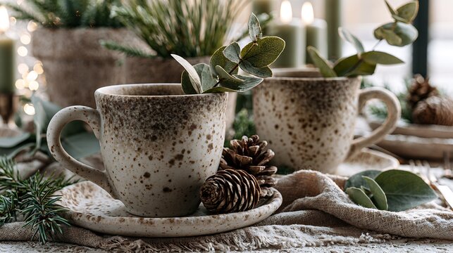 Rustic speckled ceramic mugs with eucalyptus and pine cones on a natural holiday table setting with warm candlelight