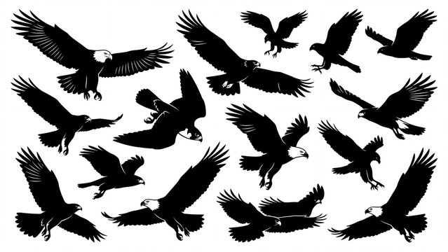 Dynamic collection of flying eagle silhouettes including bald eagles rendered in a striking black and white vector style for design projects
