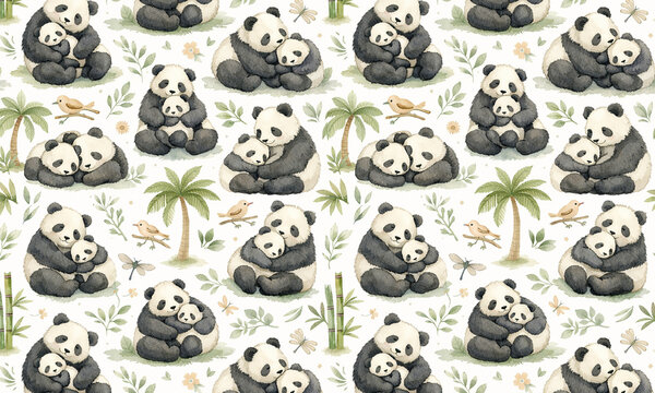 Sweet Panda Mama & Baby Watercolor Pattern