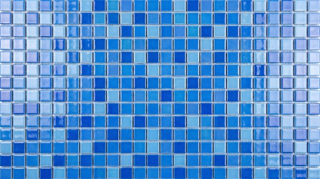 Close-up view of a vibrant blue mosaic tile pattern with varying shades creating a textured surface.