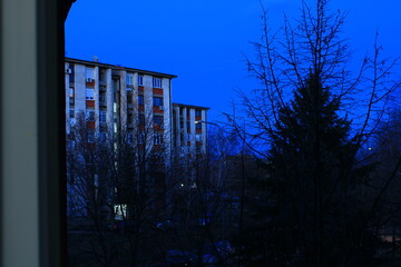 Blue hour view of apartment buildings and trees in Bor, Serbia © Sanja