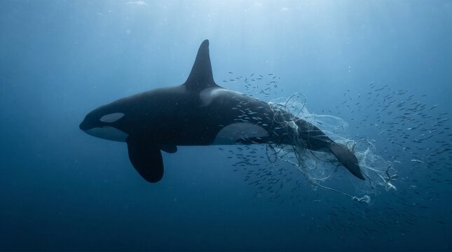 Orca swimming gracefully in deep ocean with school of fish