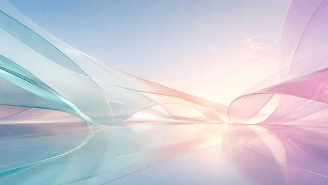 Courbes translucides pastel vers un horizon lumineux
