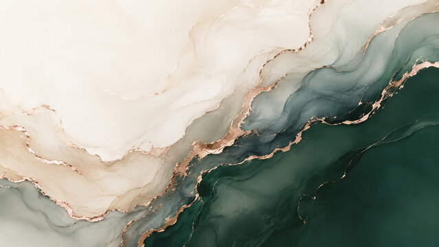 Marbre abstrait vert profond, ivoire et or rose
