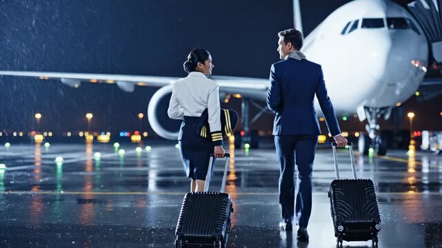 Airline crew walking toward airplane on wet tarmac at night