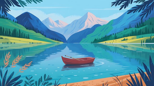 A serene mountain landscape at sunset features a river, pine trees, and a boat
