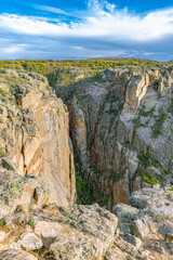 Looking straight down a narrow vertical slot of schist canyon walls framed by scrub oak, Black Canyon of the Gunnison NP, Colorado. © ZL Visuals