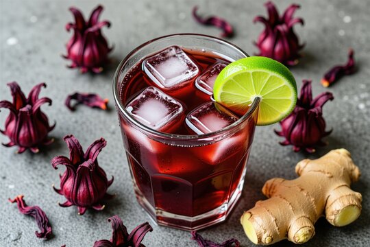 Cold red hibiscus sorrel drink with lime and ice cubes. Features whole dried hibiscus flowers and ginger root on textured background. Refreshing natural beverage.