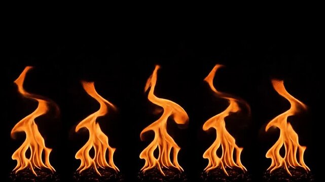Five distinct orange fire flames burning against a dark black background