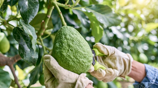 Worker picking ripe organic avocados from trees on a local farm