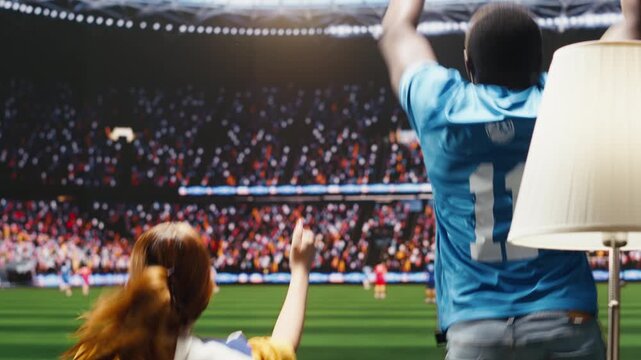 Football fans watch match on sofa with popcorn and beverages as interactive TV makes the game feel close to stadium field and brings venue atmosphere home.