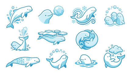 Collection of cute beluga whales in various playful poses and activities, surrounded by water and ice elements. © tr