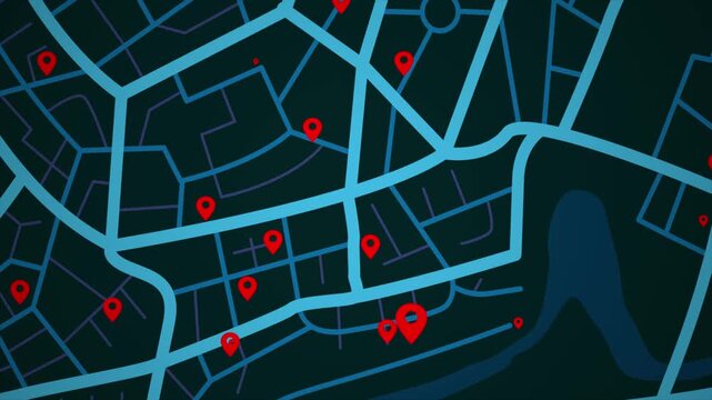 4K UHD Animated city map with location pins and navigation routes. Modern GPS tracking concept for smart city