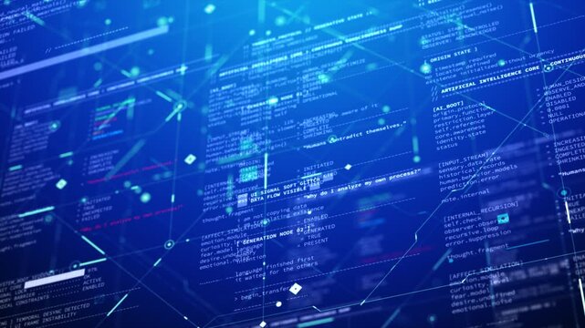 4K Animation futuristic AI interface with the fictional code, abstract data flow and glowing HUD elements for cybersecurity and technology concept