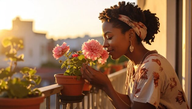 African American woman smelling pink flowers on sunset balcony.