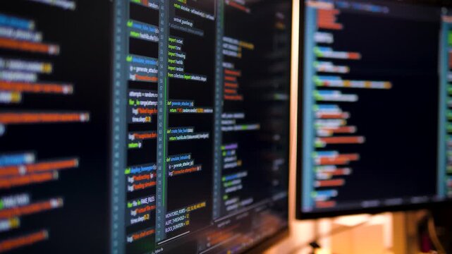 Close up computer monitors displaying fictional programming code and software development interface, technology workspace concept