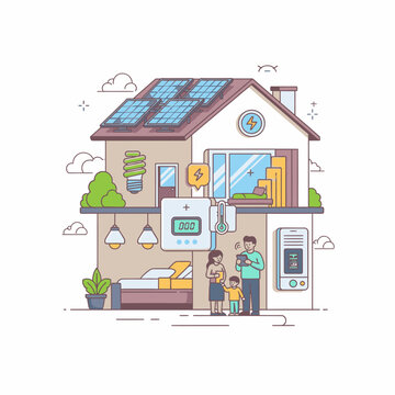 A family stands in front of their modern home equipped with solar panels and a smart home system.