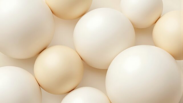 Abstract composition of smooth beige and cream spheres arranged in a minimalist modern pattern with soft lighting with matching neutral background