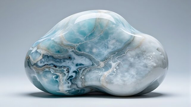 Polished blue larimar gemstone featuring intricate white veins and swirls isolated on a clean neutral light grey background for professional display