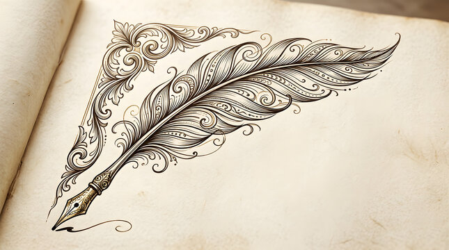 Vintage feather quill corner illustration. Antique ink pen drawing on aged paper for stationery.