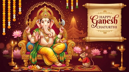 Fototapeta premium Happy Ganesh Chaturthi: Lord Ganesha with Modak and Mouse