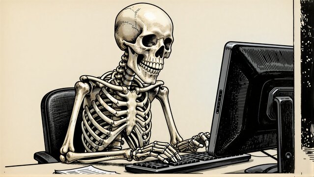 Skeleton works at computer, typing away in office chair.