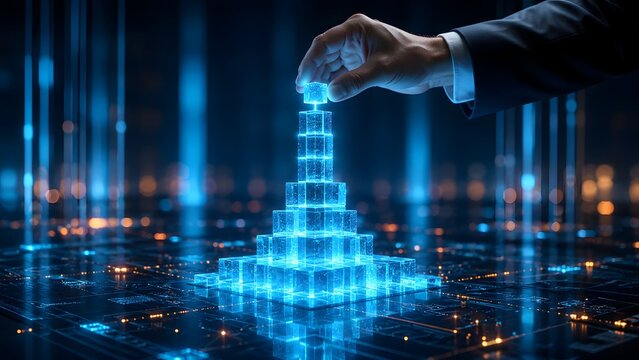 Businessman's hand building a glowing blue data pyramid on a futuristic digital circuit board, symbolizing technological growth and innovation.