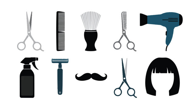 A set of various hairdressing tools and accessories on a table