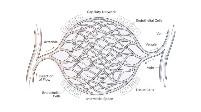 Capillary Network Diagram: Arteriole, Venule, Endothelial Cells, Tissue Cells