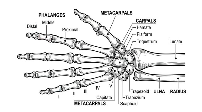 Human Hand Skeleton Anatomy Diagram with Labels