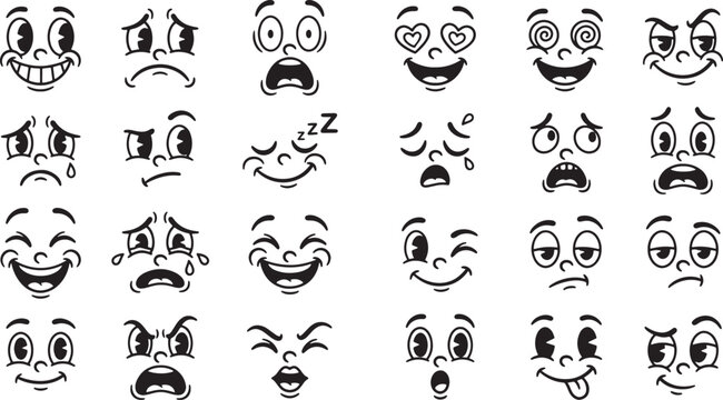 Set of vintage cartoon faces with various expressions for character design and comic book illustration vector art