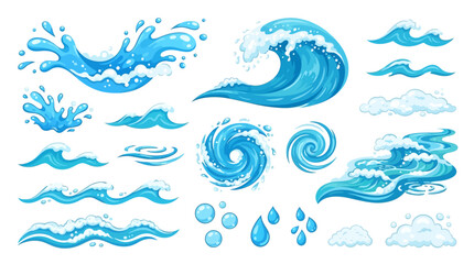 Fototapeta premium Water splashes. Cartoon blue water splash and sea waves with drops, ocean swirls, tidal flows with foam and ripple. Isolated vector marine set 
