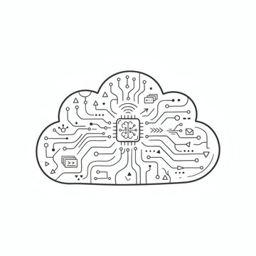 Hand drawn cloud computing and AI icon. Minimalist line art cloud with digital data circuit pattern inside. Clean doodle outline on solid white background, flat stock web illustration