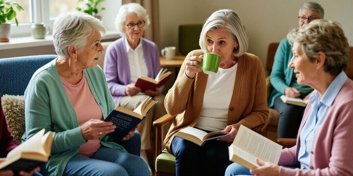 Elderly women friends gather in cozy room for book club meeting. They read novels discuss stories drink coffee tea. Active seniors learn, bond, share thoughts together.