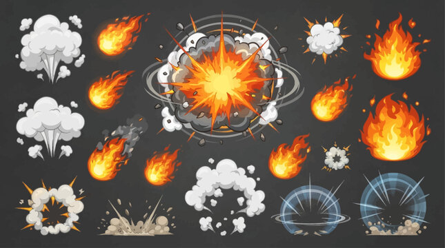Explosive blast and cartoon fireball effects, comic game explosion bursts with smoke clouds, flames and shockwaves for action battle animation vector isolated white set