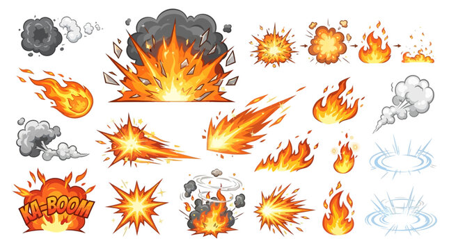 Explosive blast and cartoon fireball effects, comic game explosion bursts with smoke clouds, flames and shockwaves for action battle animation vector isolated white set